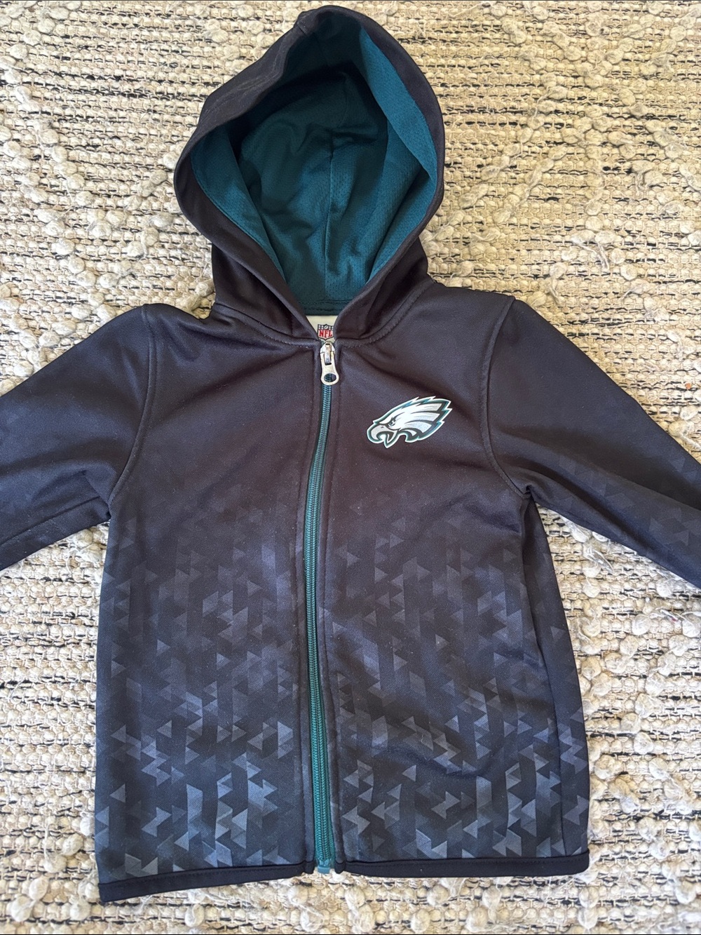 Philadelphia Eagles Kids Black Zip Hoodie with Teal Hood Lining